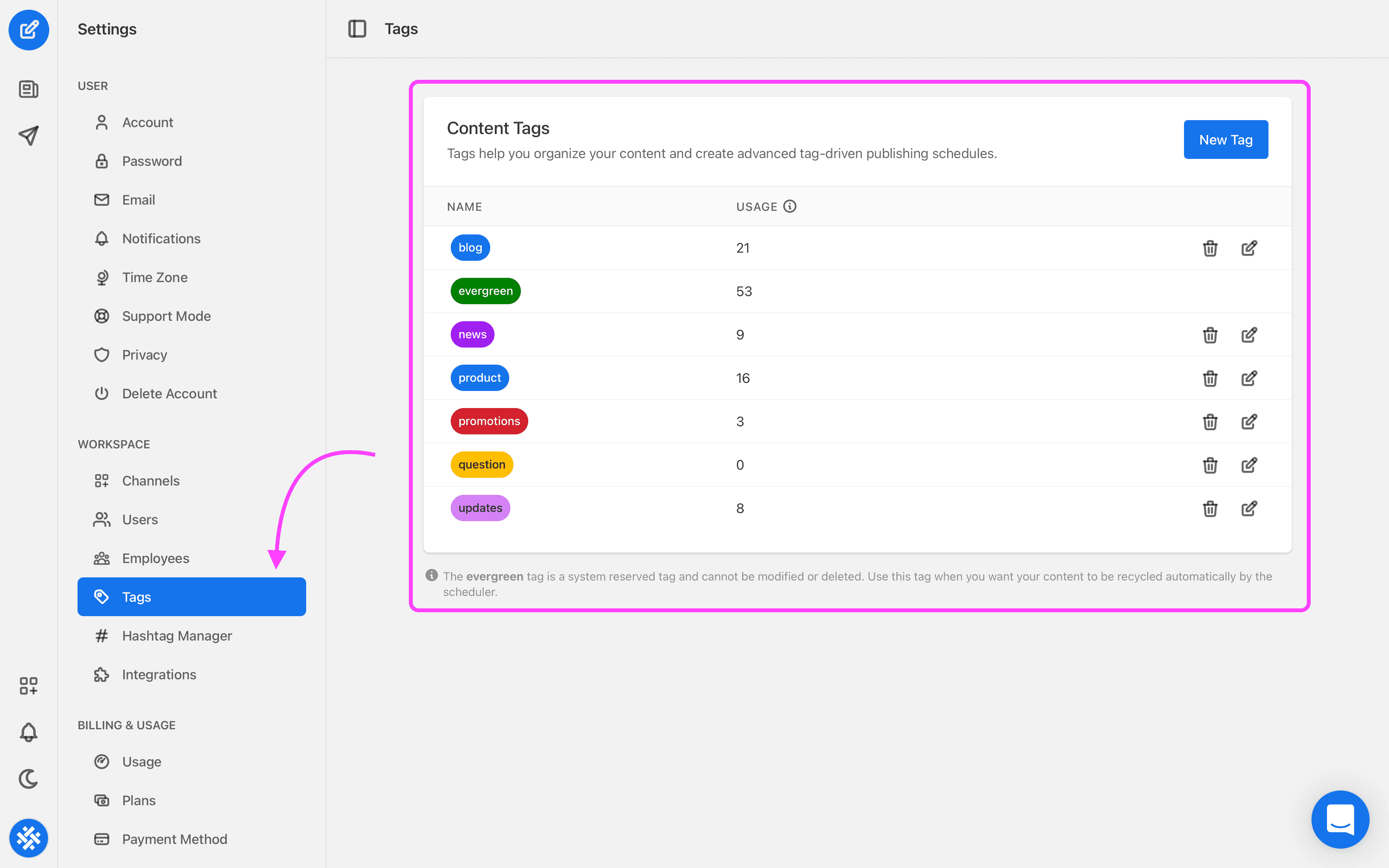Click on the Tags option under the Workspace menu.